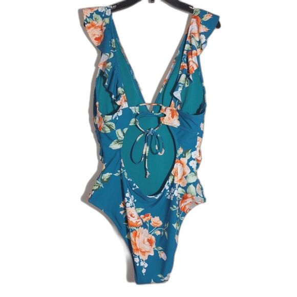NWOT Cupshe Women's Sunny Flower Ruffled Lace-Back 1-Piece Swimsuit Teal Size XL - Picture 4 of 14
